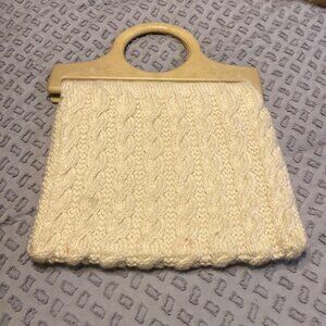 Knit and Wooden Handle Purse Cream and Light Wood